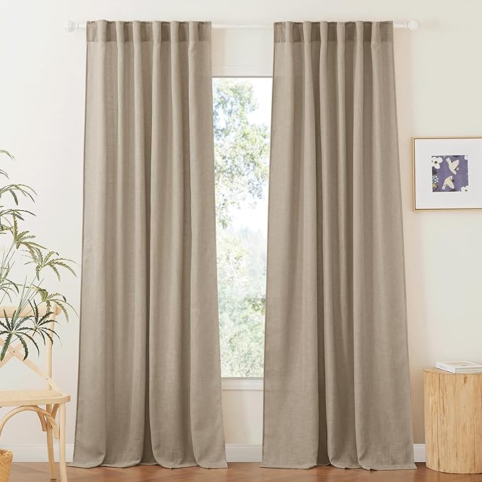 RYB HOME Light Filtering Linen Sheer Curtains, Back Tab Rod Pocket Privacy Protected Linen Blend Burlap Panels for Farmhouse/Living Room/Dining Room, Khaki, Length 84 by Width 52 inch, 2 Panels