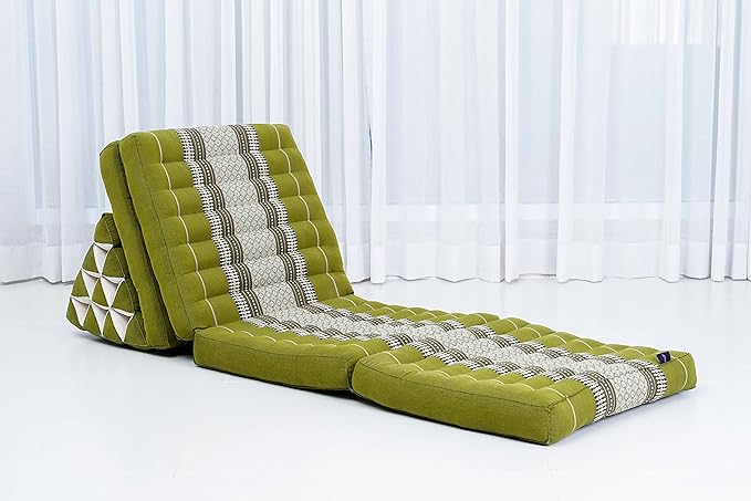 Leewadee Comfortable Japanese Floor Mattress - Thai Floor Bed with Triangle Cushion - Futon Mattress - XL Extra Long Thai Massage Mat, 89 x 20 inches, Green, Kapok Filling