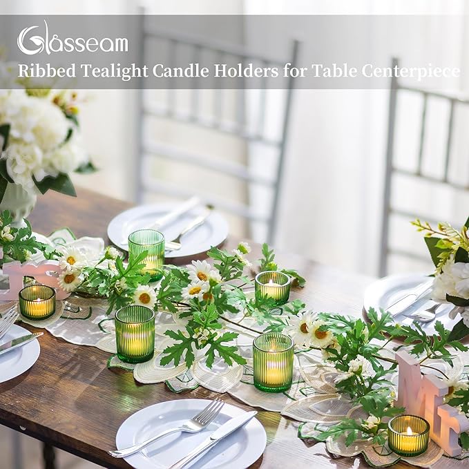 Glass Votive Tealight Candle Holder: Glasseam Small Green Tea Light Holders Set of 8 Decorative Ribbed Tea Lights Holder for Table Centerpiece Wedding Christmas Dining Room Decor