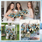 Hotop 12 Bunches of Artificial Flowers Centerpiece 13 Inches Silk Faux Roses Bouquets for Table Decoration Realistic Bouquet Arrangement Boho Faux Flowers for Wedding (Light Blue)