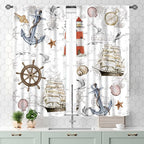 Nautical Kitchen Curtains, Vintage Marine Coastal Sailboat Compass Anchor Ocean Beach Lighthouse Watercolor Decorative Drapes for Bedroom Living Room Kitchen Bathroom Window 2 Panels Set, 55x39 Inch