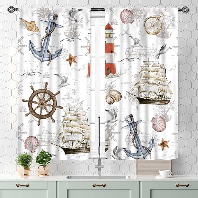 Nautical Kitchen Curtains, Vintage Marine Coastal Sailboat Compass Anchor Ocean Beach Lighthouse Watercolor Decorative Drapes for Bedroom Living Room Kitchen Bathroom Window 2 Panels Set, 55x39 Inch
