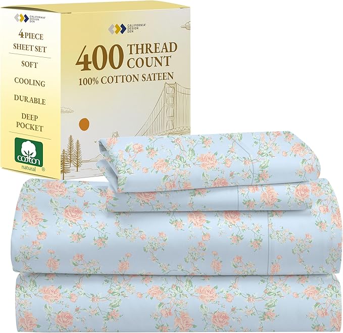 California Design Den Floral Printed Queen Sheet Set - 400 Thread Count Sateen, Natural 100% Cotton Sheets Queen Size Bed Set, Deep Pockets, Cooling and Durable Bedding - Antique Rose