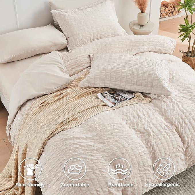 HYMOKEGE Beige Oversized Queen Comforter Set Seersucker 7 Pieces, All Season Luxury Bed in a Bag for Bedroom, Bedding Set with Comforter, Sheets, Pillowcases & Shams