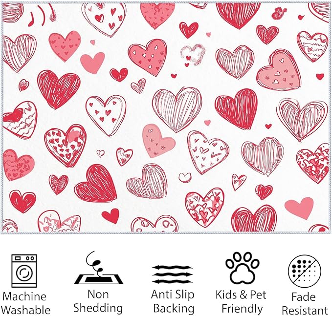 Area Rugs for Living Room 5x8 ft Cartoon Hand-Painted Red Love Washable Area Rug, Non Slip Floor Carpet, Ultra Soft Low Pile Rugs, for Bedroom, Dining Room, Office, Home Decor Rug