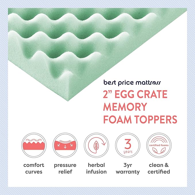 Best Price Mattress 2 Inch Egg Crate Memory Foam Mattress Topper with Calming Aloe Infusion, CertiPUR-US Certified, Queen,Green