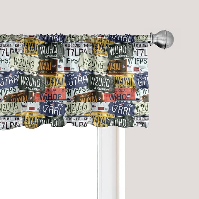 Ambesonne Vintage Window Valance Pack of 2, Original Retro Style License Plates Personalized Creative Travel Vacation, Rod Pocket Curtain Valances for Kitchen Bedroom, 54" X 18", Green Blue Yellow