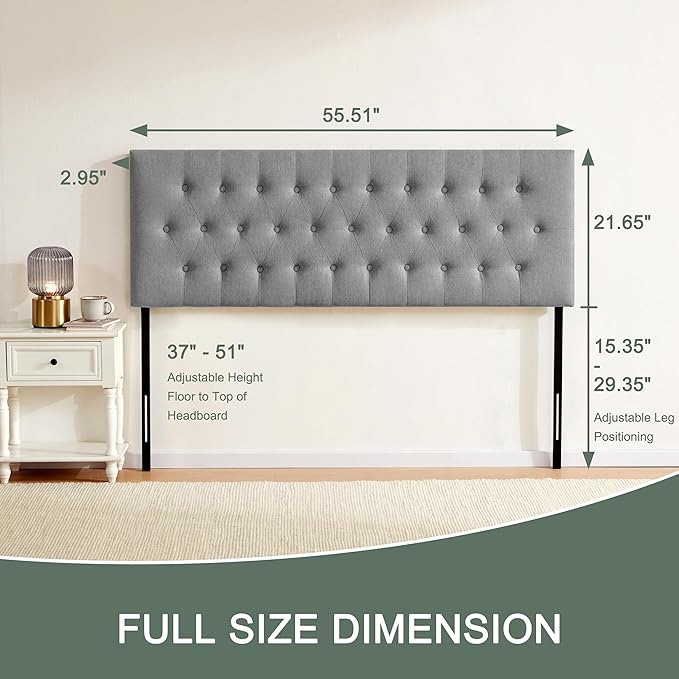 Tufted Upholstered Headboard Full Size, Solid Wood Head Board with Durable Metal Legs, Adjustable Height Full XL headboard from 37” to 51” Fabric Headboard in Modern Button Design, Grey