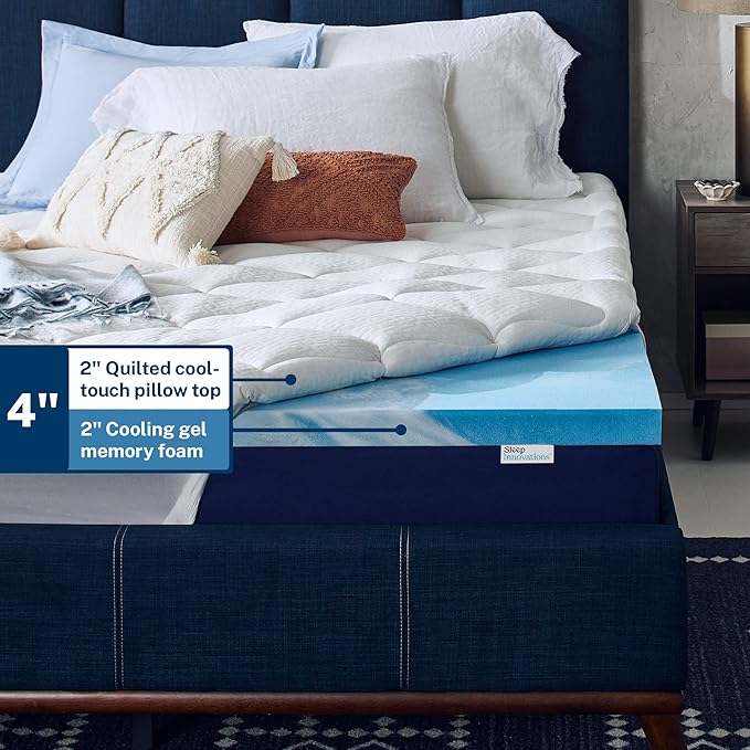 Sleep Innovations Cooling Comfort Gel Memory Foam Dual Layer Mattress Topper, 4 Inch, Twin Size, Pillow Top Cover