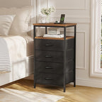 Huuger Night Stand with Charging Station, 4 Drawer Dresser for Bedroom, Bedside Table, 33.9 Inch Tall Nightstand with Open Shelf, End Table, for Closet, Entryway, Bedroom, Rustic Brown and Black