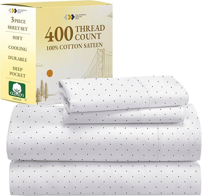 California Design Den Printed Twin XL Sheet Sets - 400 Thread Count Sateen, Natural 100% Cotton Sheets, Deep Pockets, Cooling and Durable Bedding Set - Polka Dot
