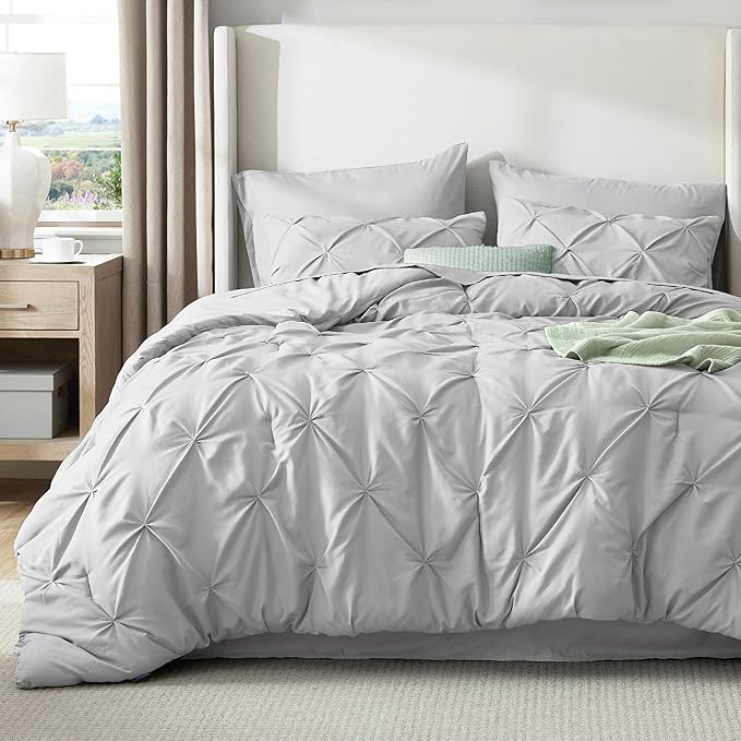 Bedsure Full Size Comforter Sets - Bedding Sets Full 7 Pieces, Pintuck Bed in a Bag Light Grey Bed Set with Comforter, Sheets, Pillowcases & Shams