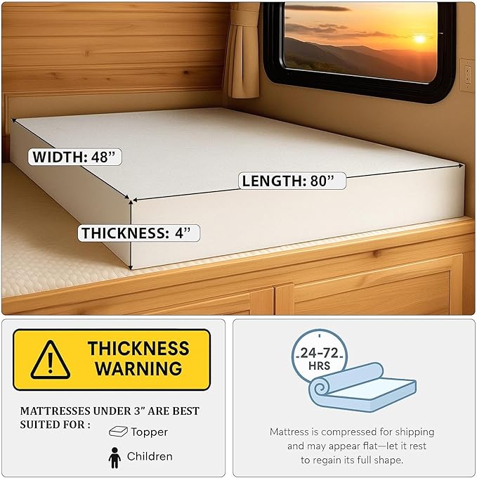 Foamma 4” x 48” x 80” Truck, Camper, RV High-Density Bunk Mattress Foam Replacement, Made in USA, Comfortable, Travel Trailer, CertiPUR-US Certified, Cover Not Included