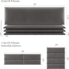 Vänt Upholstered Wall Panels - King/Cal King Size Wall Mounted Velvet Headboards - Velvet Gothic Grey - Twin/King - Set of 4 Panels (Each Individual Panel 39"x11.5")