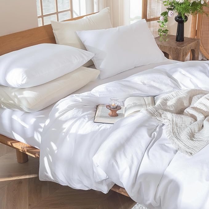 MooMee Bedding Duvet Cover Set 100% Washed Cotton Linen Like Textured Breathable Durable Soft Comfy (Solid Bright White, Super King Plus 120"x120")