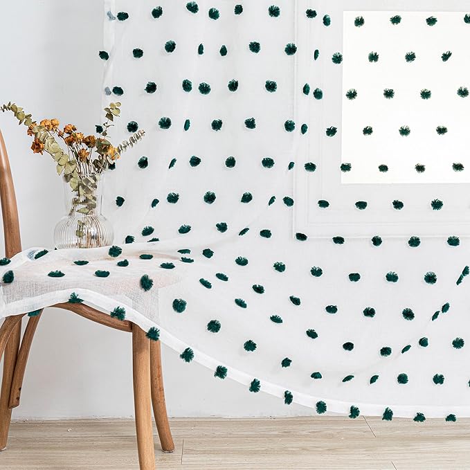 MYSKY HOME Kitchen Curtains 54 Inches Long Small Window Curtains for Christmas Hunter Green Pom Pom Curtains for Cafe Bedroom Nursery Boys Room Rod Pocket 2 Pieces Drapes 52 x 54 inch Length