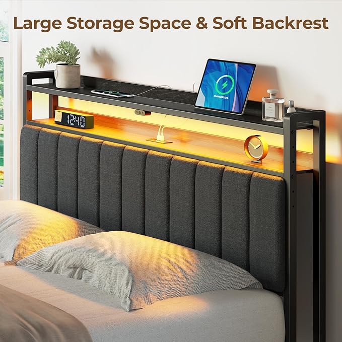 Rolanstar Headboard for Full Size Bed with Storage, 60,000 DIY Color of LED Light, Head Board with USB & Type C Port, Height Adjustable, Black Upholstered Cabeceras de Cama Comfortable Modern, Stable