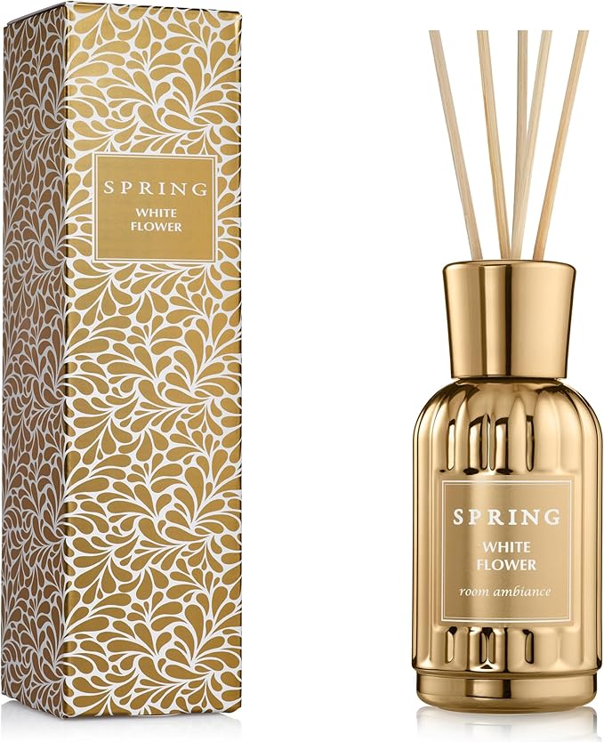 SPRING Fragrance Reed Diffuser Set | Fragrance Made in France | Home Décor | Scented Aromatic Oil | Room Air Freshener White Flower | 3.4 oz (100ml) | Lily, Jasmine, Lily of The Valley and Tuberose