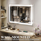 FENNIO Vanity Mirror with Lights 32"x22", Lighted Makeup Mirror, Large Vanity Mirror, Touch Sensor with 3-Color Lighting, USB Charging Port for Vanity Desk（Square White）