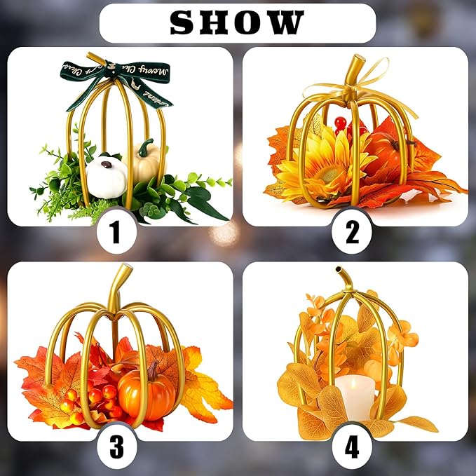 2 Pcs Thanksgiving Gold Metal Pumpkin Candle Holder 6inch 8inch Fall Iron Pumpkin Votive Candle Holder for Holiday Autumn Halloween Home Room Vintage Decoration