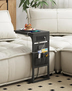 TUTOTAK C Shaped End Table with Charging Station, Side Table for Sofa, Couch Table with Storage Bag, Set of 2, TV Tray Table with 2 USB Ports and Outlets for Living Room, Bedroom, Black TB01BK0242