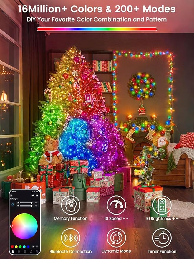 600LED Smart Color Changing Christmas Lights App Controlled, 208FT Waterproof RGB Twinkle String Light Music Sync Multiple Modes, Christmas Lights with Remote & Timer Indoor Outdoor Xmas Decorations