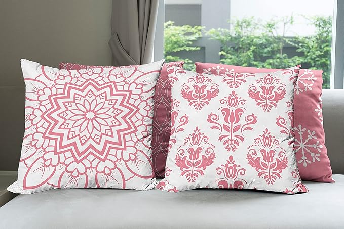 Ambesonne Retro Throw Pillow Cushion Case Pack of 4, Trellis Grid Medieval Floral Damask Mandala Flower Ornament in Modern Monochrome, Modern Accent Double-Sided Digital Printing, 18", Pastel Pink