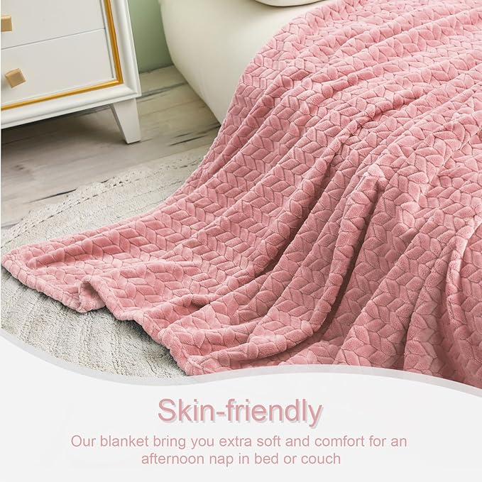 Exclusivo Mezcla Fleece Queen Size Blanket for Bed, 90x90 Inches Soft Cozy Jacquard Flannel Blankets, Lightweight Fuzzy Plush Warm for Winter, Pink