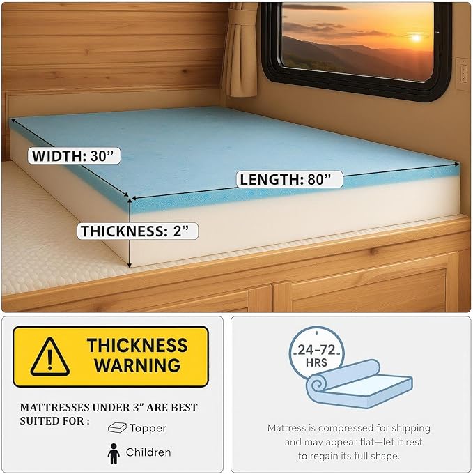 Foamma 2” x 30” x 80” Camper/RV Travel Gel Memory Foam Bunk Mattress Replacement, Made in USA, Comfortable, Travel Trailer, CertiPUR-US Certified, Cover Not Included