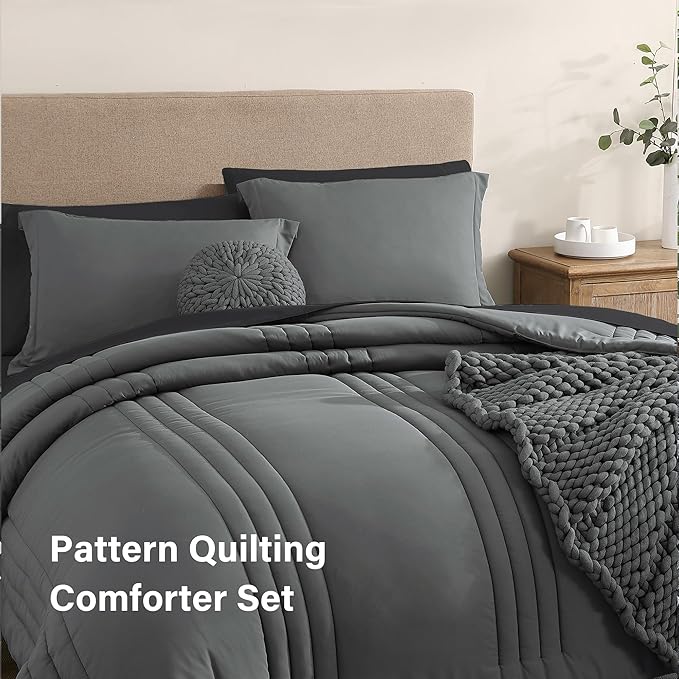 Monbix King Size Comforter Set - 7 Pieces Bed in a Bag King, Grey Bedding Sets with Comforter, All Seasons Down Alternative Comforter Bed Set with Sheets, Pillowcases & Shams