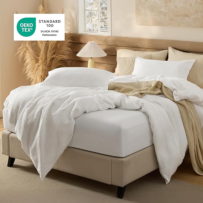 Bedsure 100% Cotton Duvet Cover King Size with Fitted Sheet - 4 Pieces Coconut White Waffle Weave Bedding Set, GentleSoft™ and Breathable, Includes 1 Duvet Cover 104x90, 1 Fitted Sheet, 2 Pillow Shams