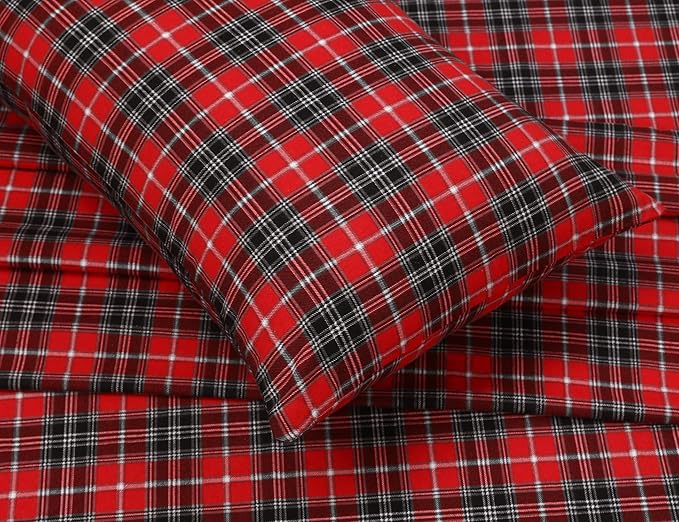 RUVANTI Flannel Sheets Full Size - 100% Cotton Double Brushed Bed Sheets Set, Deep Pockets 16 Inches, All Seasons Breathable & Extra Soft Full Sheets, Warm & Cozy, 4 Piece, Red Plaid
