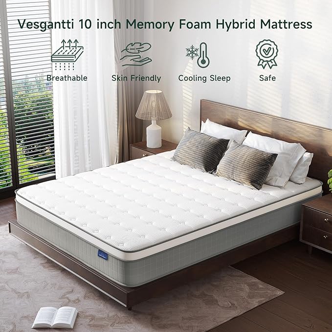 Vesgantti Full Size Mattress, 10 Inch Innerspring Hybrid Full Mattress in a Box, Pressure Relief Pocket Spring Double Bed Mattress with Memory Foam & Knitted Fabric, Medium Firm, CertiPUR-US