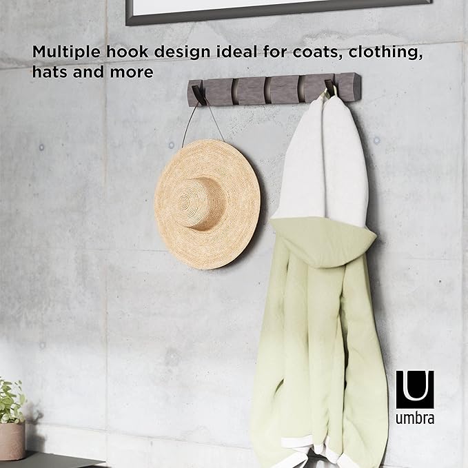 Umbra Flip Wall Mounted Floating Rack – Modern, Sleek, Space-Saving Coat Hanger with 5 Retractable, Driftwood/Nickel Hook