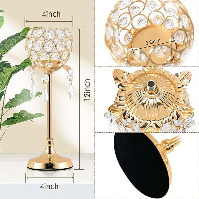 Crystal Tea Light Candlestick Holders Flower Shape with Crystal Pendant Bowl Votive Metal Candle Holder for Table Centerpieces Wedding Home Decor (Set of 2 high, Gold)