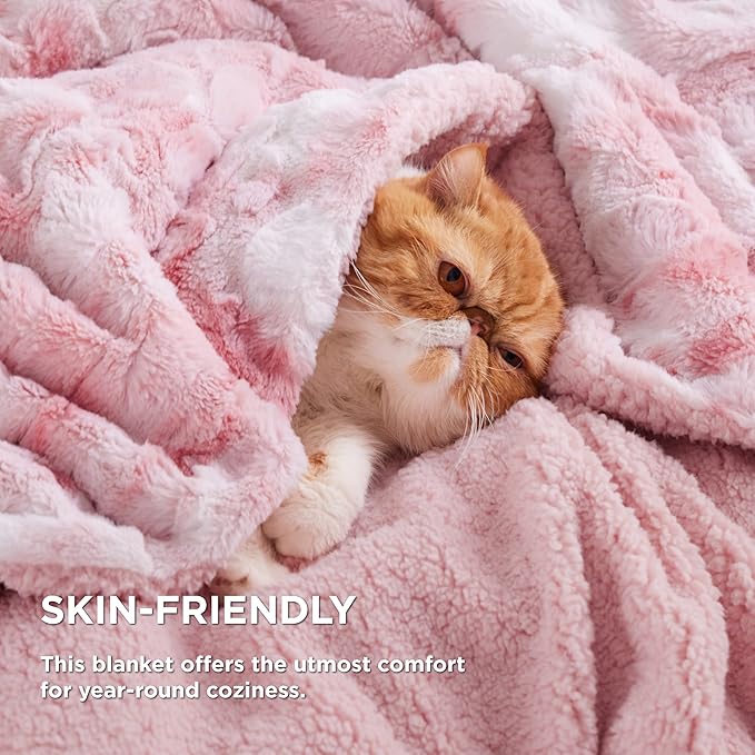 Bedsure GentleSoft Sherpa Fluffy Throw Blanket - Fleece Warm and Cozy Throw for Women Gift, Plush & Fuzzy Faux Christmas Fur Blanket for Couch, Sofa, Bed Decor, Tie Dye Design, Pink, 50x60 Inches