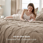 Bedsure Queen Comforter Set Khaki - Bed in a Bag Queen Size Bedding 7 Pieces, GentleSoft™ Pintuck Bed Set Gift for Family, Pinch Pleat All Season Comforter with Sheets, Pillowcases & Shams