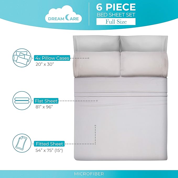 DREAMCARE Sheets Full Size Bed - Cooling Bed Sheets - 6pcs Set - Full Sheet Set - Full Size Sheets - Full Size Sheet Sets Soft & Long Lasting 100% Fine Brushed Polyester with Side Pocket - Light Gray