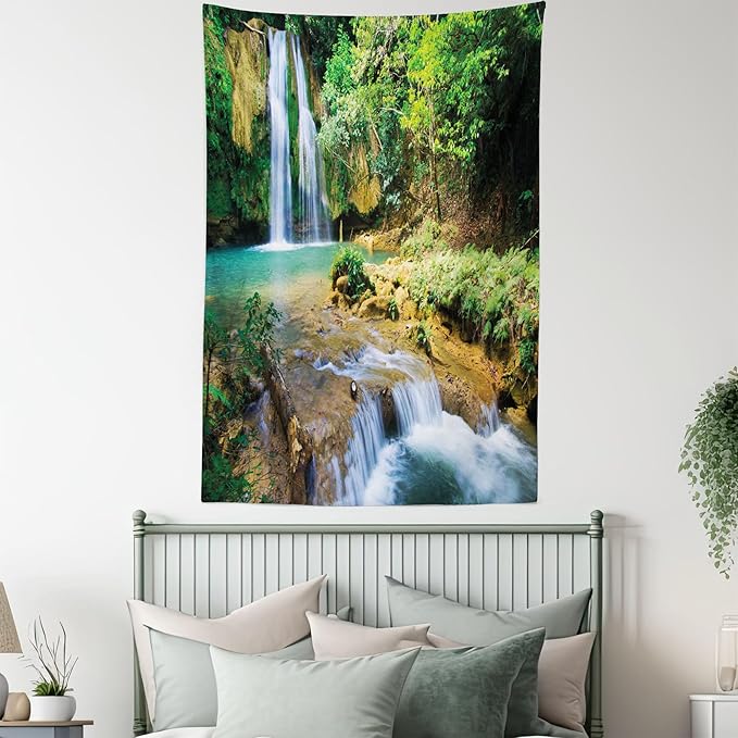 Lunarable Nature Tapestry King Size, Green Forest Waterfall and River Pool Pond Water Source Earth Landscape, Wall Hanging Bedspread Bed Cover Wall Decor, 88" X 88", Pale Brown and Green