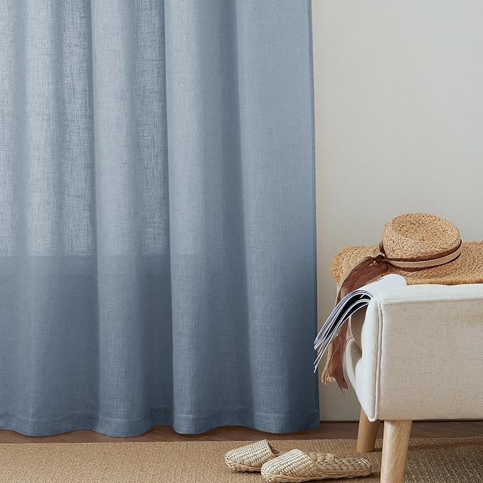 RYB HOME Elegant Semi Sheer Curtains for Nursery Kids Room, Linen Blended Burlap Fabric Light Filtering Breathable Bohemian Home Decor for Living Room Bedroom, Dusty Blue, W 100 x L 90, 1 Pc