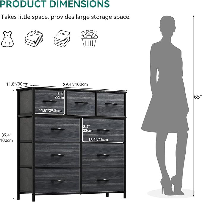 YITAHOME Dresser for Bedroom with 9 Drawers - Fabric Storage Tower, Tall Chest Organizer Unit for Living Room, Entryway, Closets with Sturdy Steel Frame, Wooden Top