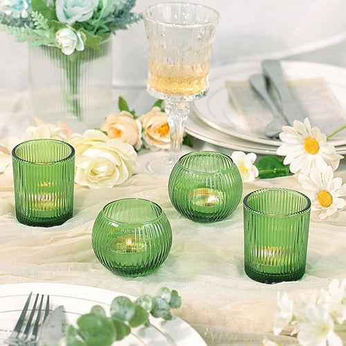 30pcs Assorted Ribbed Green Votive Candle Holders, Green Candle Holders for Wedding Centerpiece, Tea Light Candle Holder for Dinner Table Centerpiece, Home and Party Decorations