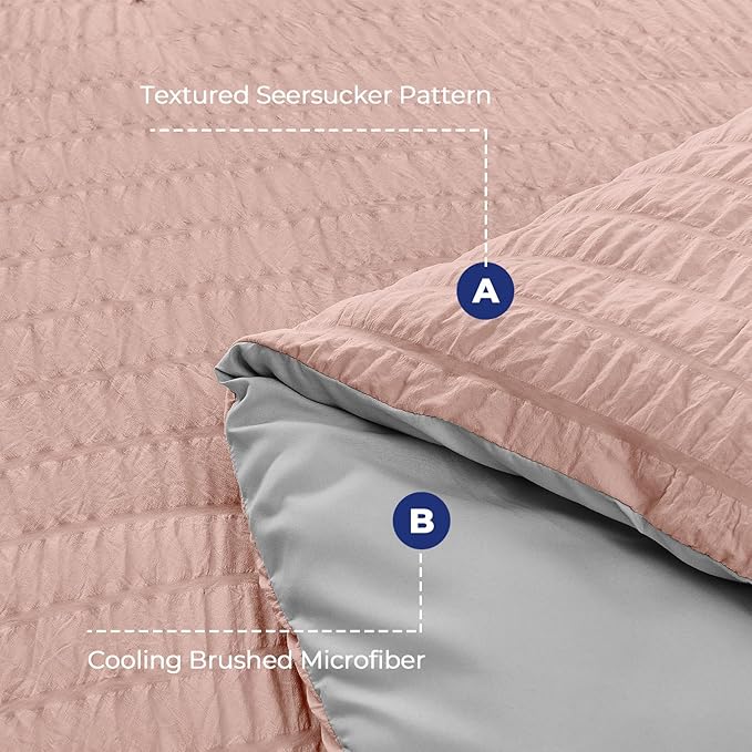 HYMOKEGE Rose Gold/Light Grey Twin Comforter Set Seersucker 5 Pieces, All Season Luxury Bed in a Bag for Bedroom, Bedding Set with Comforter, Sheets, Pillowcase & Sham