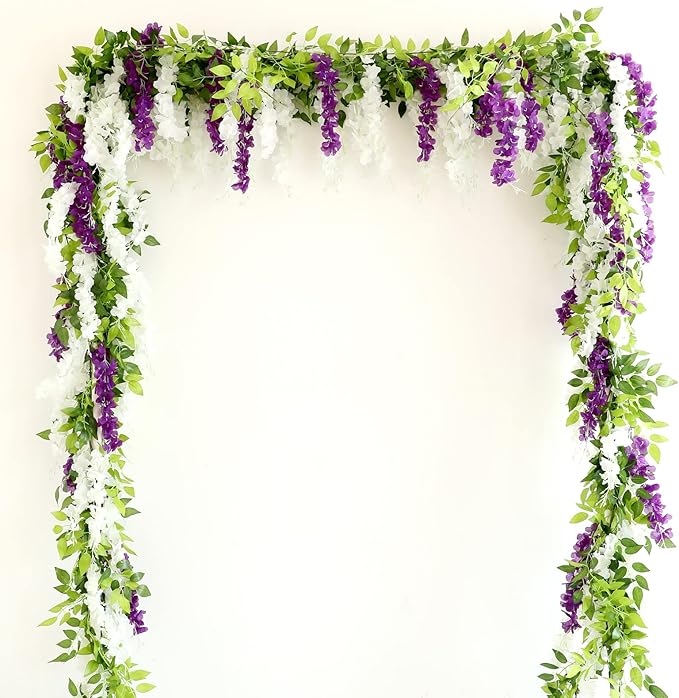 Wisteria Artificial Flowers Garland, 4Pcs Total 28.8ft Silk Faux Wisteria Vine Kit, Hanging Flower Plant for House Outdoor Garden Ceremony Outside Wedding Arch Floral Decor (4, Purple)