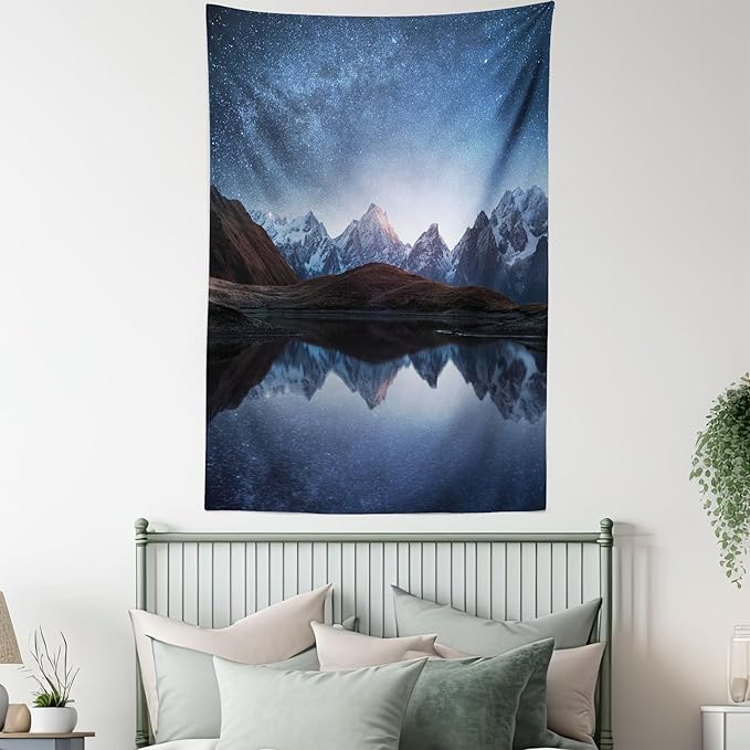 Lunarable Star Tapestry Queen Size, Night Sky with Milky Way Over a Mountain Landscape Lake Cosmos Galaxy Scenery Universe, Wall Hanging Bedspread Bed Cover Wall Decor, Queen Size, Brown Blue