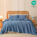 PHF 100% Cotton Waffle Weave Blanket Queen Size for Bed, Soft Lightweight & Breathable, All-Season Comfort, Luxury Aesthetic Woven Bedding for Home Decor, 90"x90", Denim Blue