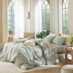 MooMee Bedding Duvet Cover Set 100% Washed Cotton Linen Like Textured Breathable Durable Soft Comfy (Heathered Sage Green, Full 80"x90")