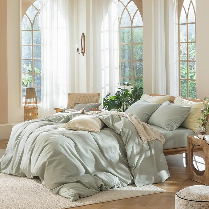 MooMee Bedding Duvet Cover Set 100% Washed Cotton Linen Like Textured Breathable Durable Soft Comfy (Heathered Sage Green, Alaska King 132"x120")