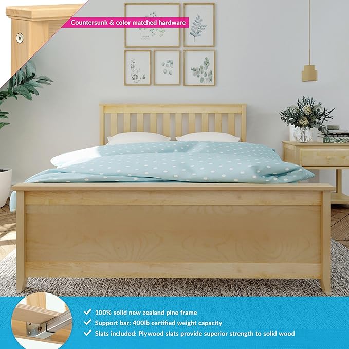 Max & Lily Full Size Bed Frame with Slatted Headboard, Solid Wood Platform Bed for Kids, No Box Spring Needed, Easy Assembly, Natural