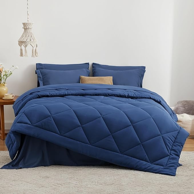 Love's cabin California King Comforter Set Dark Blue, 7 Pieces California King Bed in a Bag, All Season Bedding Sets with 1 Comforter, 1 Flat Sheet, 1 Fitted Sheet, 2 Pillowcase and 2 Pillow Sham